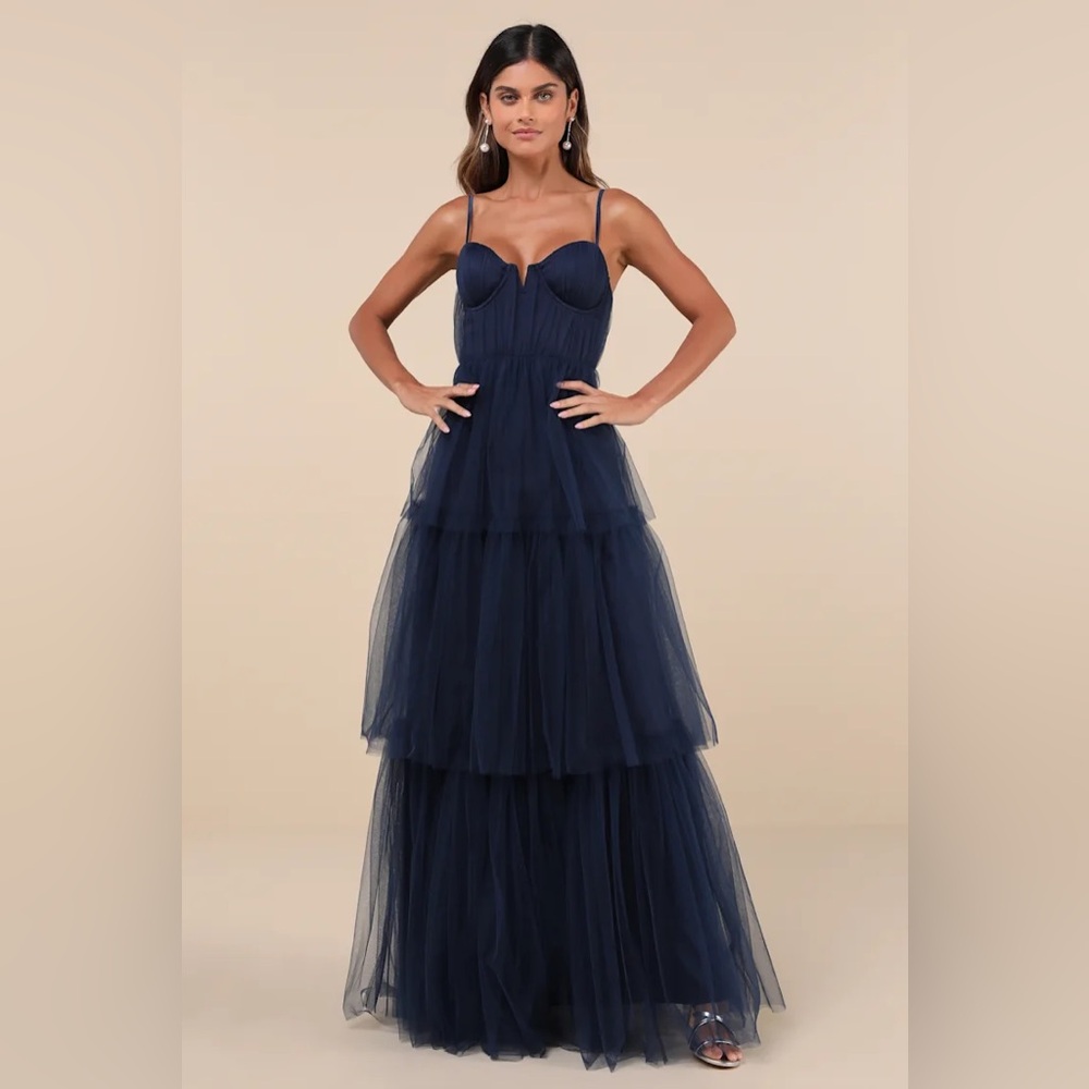 Lulus Unforgettable Poise Navy Blue Tulle Bustier Tiered Maxi Dress